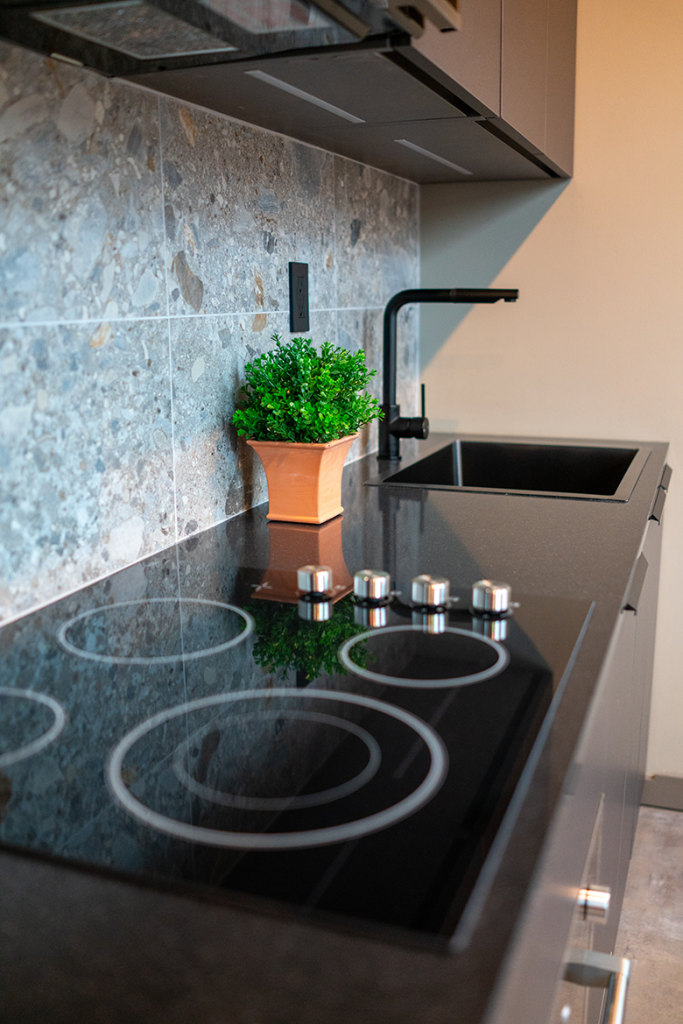 Black glass induction cooktop and dark sink with matte black faucet beside a stone tile backsplash and small potted plant